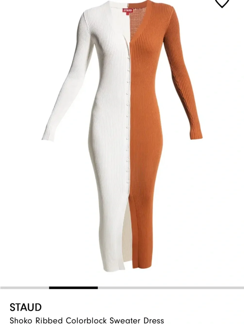 STAUD Two-Tone Ribbed Button-Front Midi Dress/Cardigan - White & Brown - Picture 5 of 5